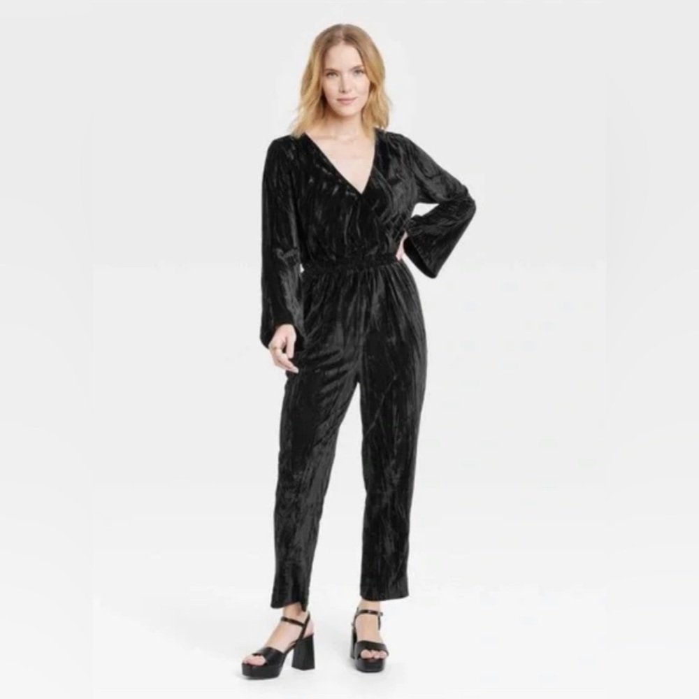 Velour Black Jumpsuit Bell Long Sleeve V Neck Elastic Waist XLarge
